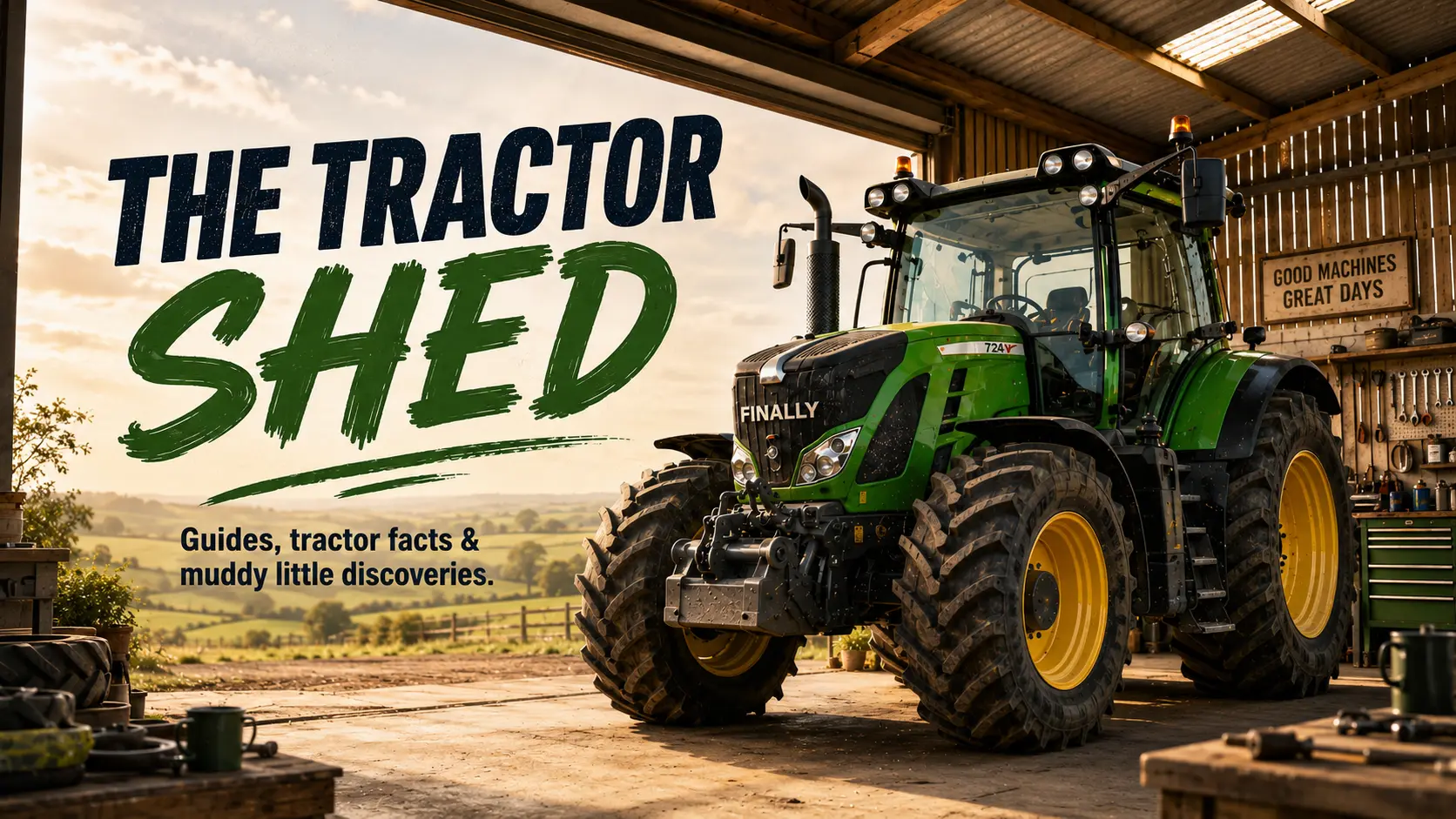 Large green tractor with yellow wheels inside a tractor shed